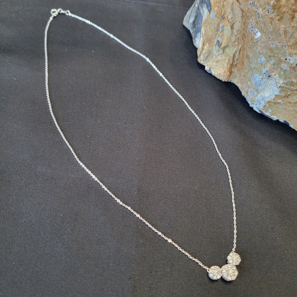10K White Gold Pave Diamond Necklace 17" ADL 3 Cluster Pendant 3.0 Grams